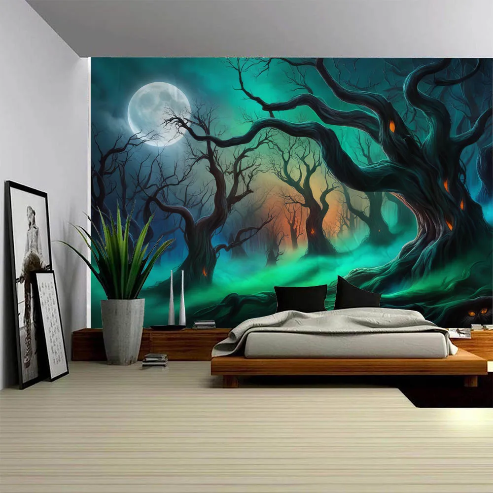 Ghostly and Mysterious Forest Tapestry - Psychic Capture of Fear, Halloween Background Cloth, Full Moon Jungle Wall Decoration