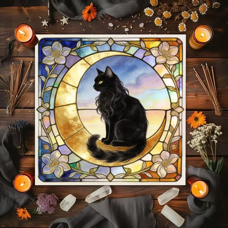 50/75cm Color Window Black Cat Moon Phase Rose Retro Flower Altar Cloth Tarot Card Tablecloth Wika Divination Astrology Card Pad