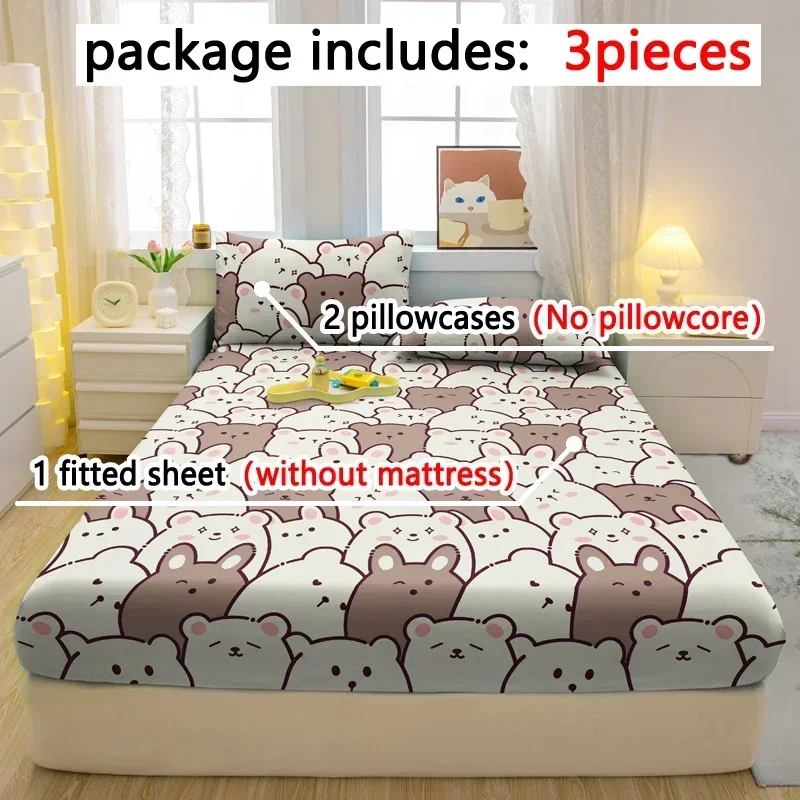 3-piece cartoon fun bear pattern matte three piece fitted sheet set, bedroom printed bed cover set, bedding