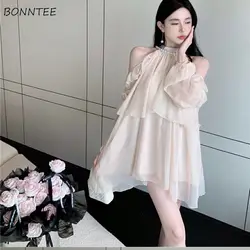 Off Shoulder Blouses Women Long Sleeve Ruffles Halter Chiffon Sexy French Style Loose Tops Temperament Birthday Party Ins Tender