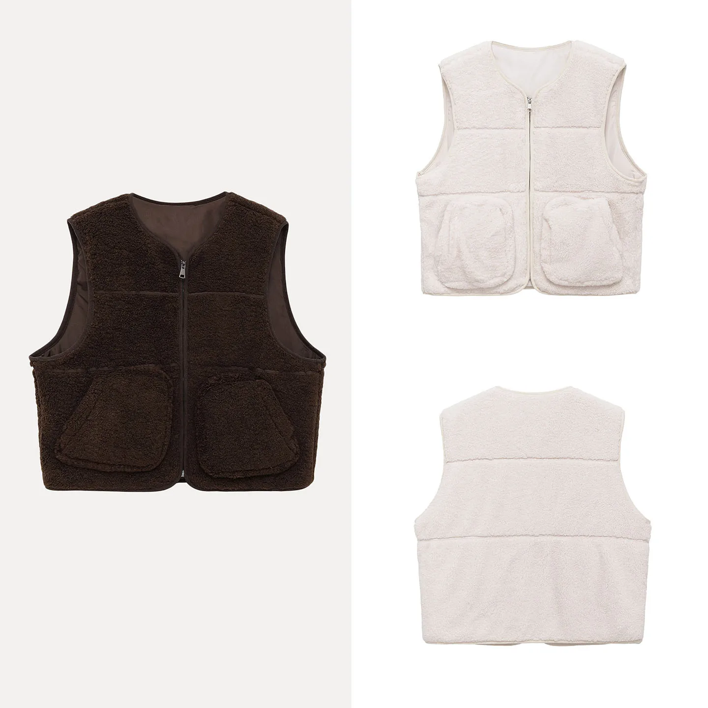 

Faionable Zipperl Svel Vest for Women Commute Sle Pure Color V-Ne Regular Length Other Material 00%