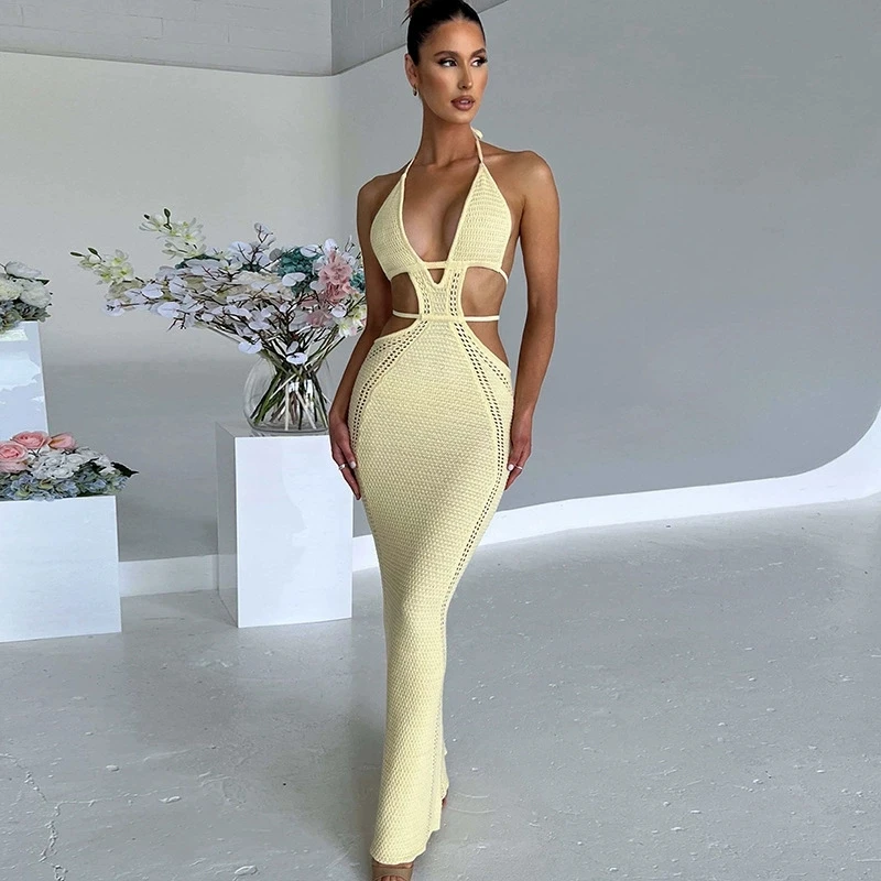 Sexy Hot Girls Slim Knitted Halter Neck Long Dresses Women Solid Color Low Cut Backless Hollow Out Package Hip Dress Streetwear
