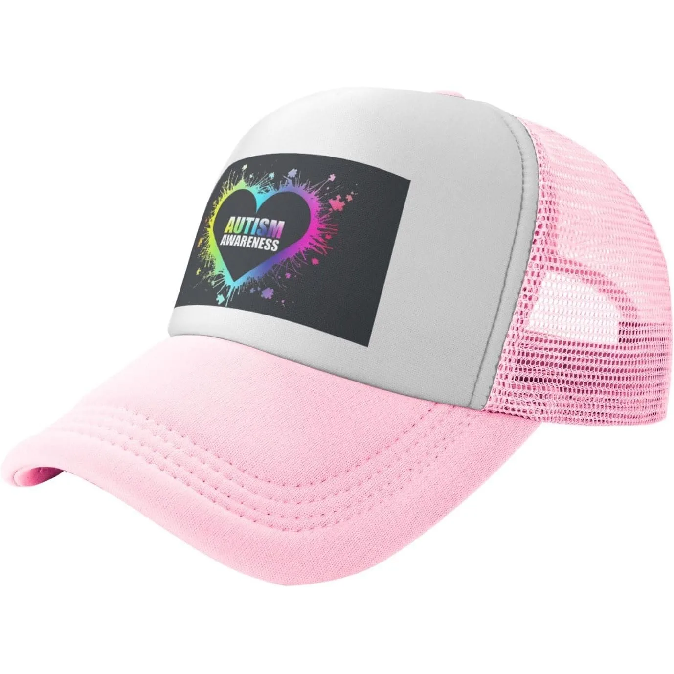 Autism Awareness Colorful Splatter Heart Mesh Trucker Hat Unisex Adjustable Polyester Casual Cap