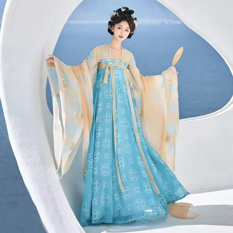 2025 Hanfu 드레스 여성 중국어 빈티지 그린 블루 오렌지 Hanfu 드레스 여성 무대 코스프레 의상 파티 복장 댄스 드레스