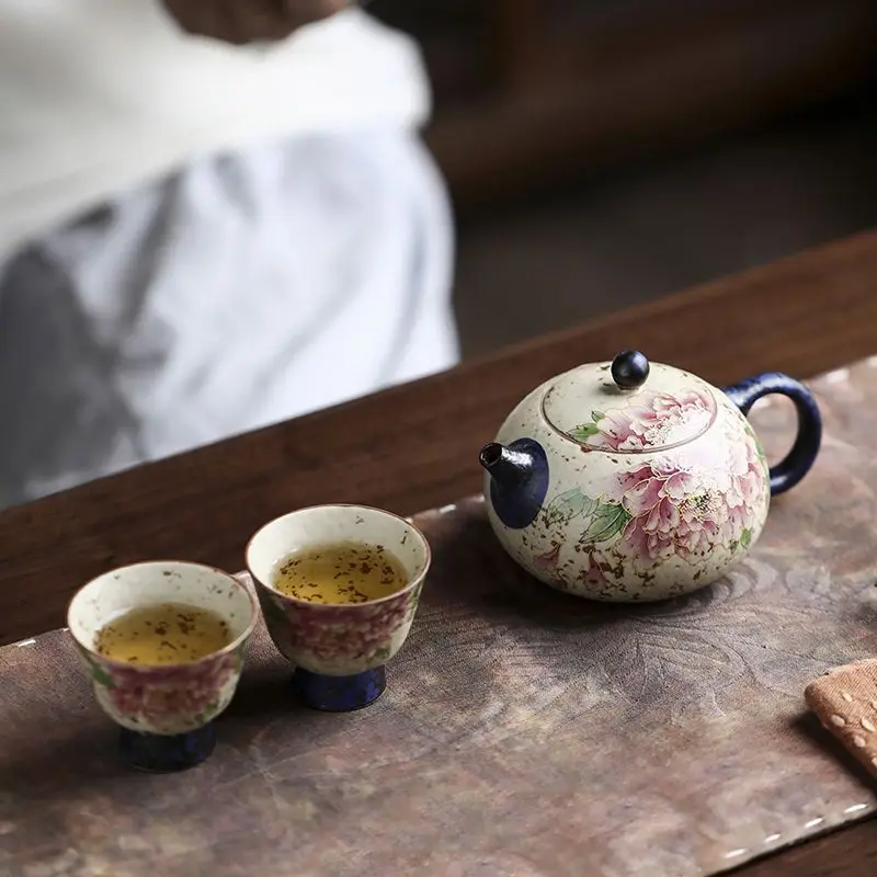 

Mi Yi Blue And White Firestone Red Creative Gold-Embossed Peony Xishi Teapot Non-Scalding Household Ceramic Kung Fu Tea Set