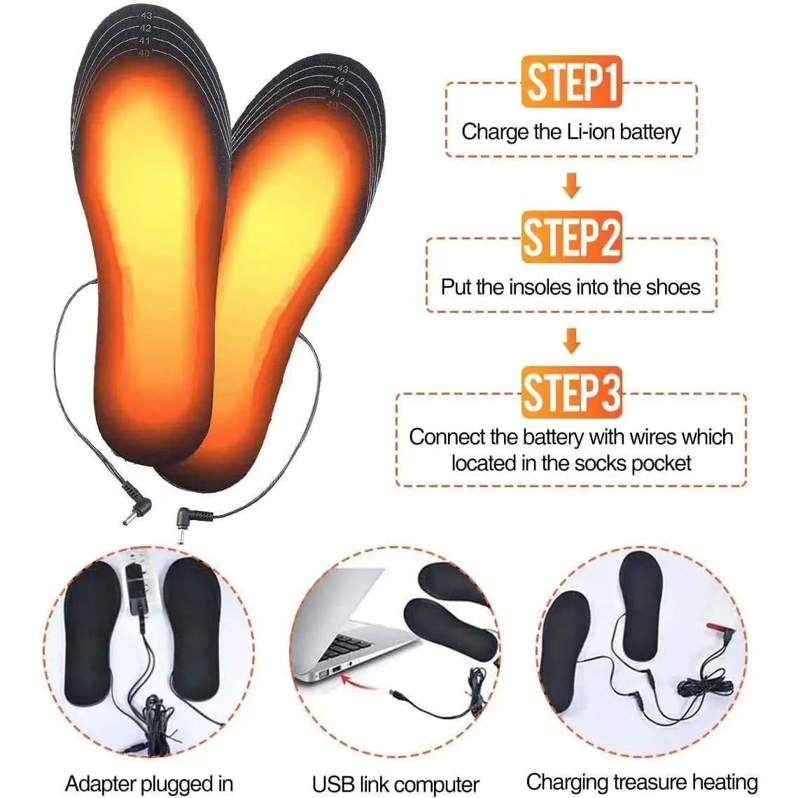 Washable & Cuttable Electric Heating Insoles Adjustable Temperature Foot Warmer for Outdoor Use Walkable USB Rechargeable