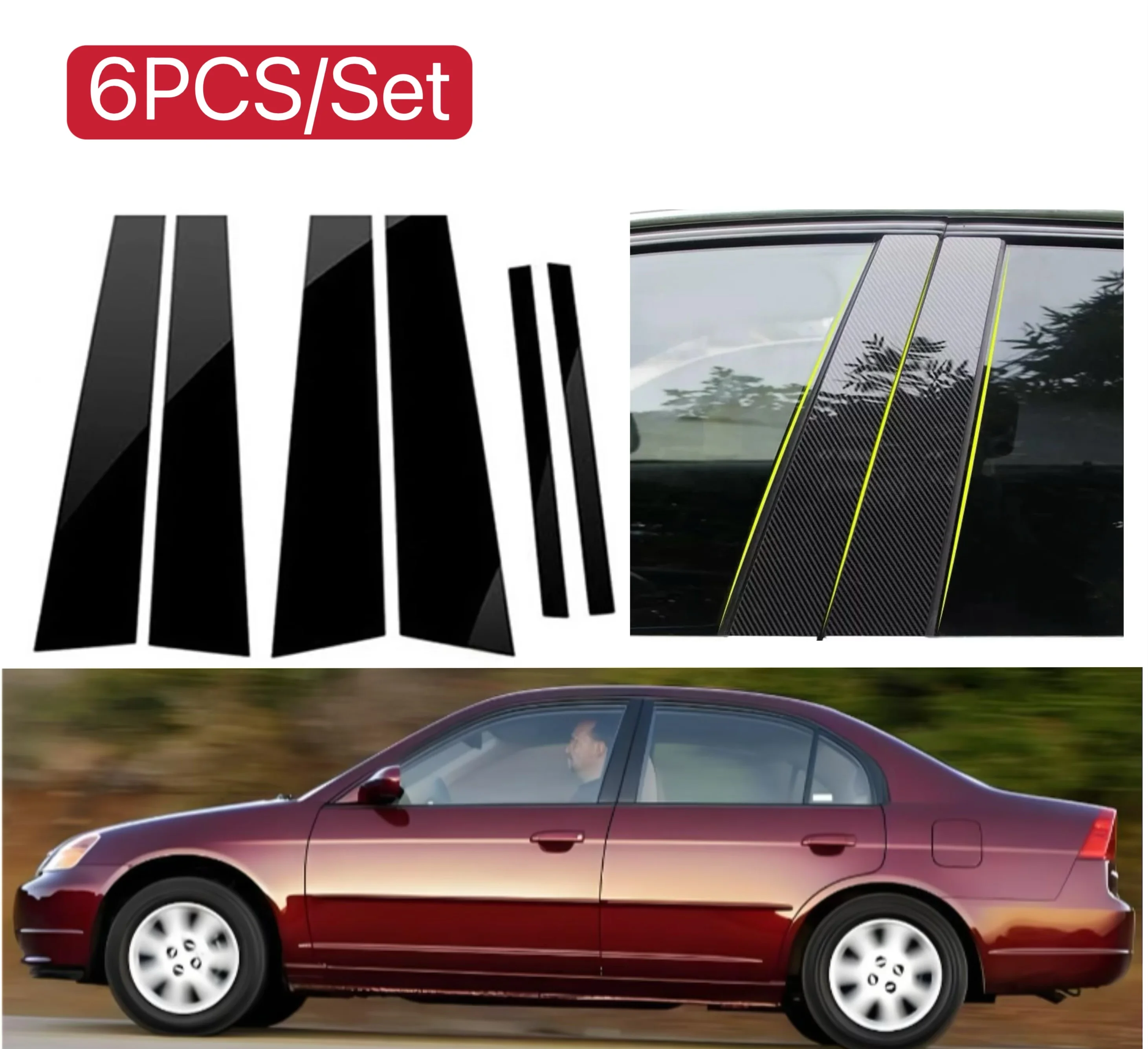 

6Pcs Gloss Black Silver Carbon Pillar Posts For Honda Civic Sedan 2006 -2010 2011 Window Decoration Cover Door Side Trim Sticker