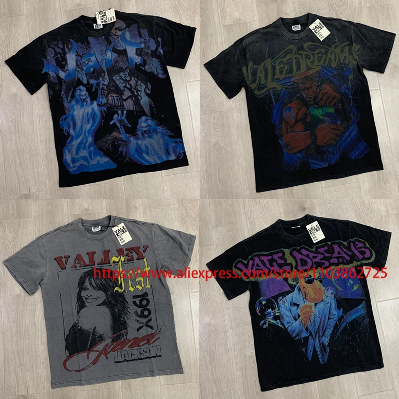 

Fashionable Brand VALLEY T-shirts Retro Washed Patterns Print Tops Everyday Casual Loose Round Neck VALE Short Sleeves