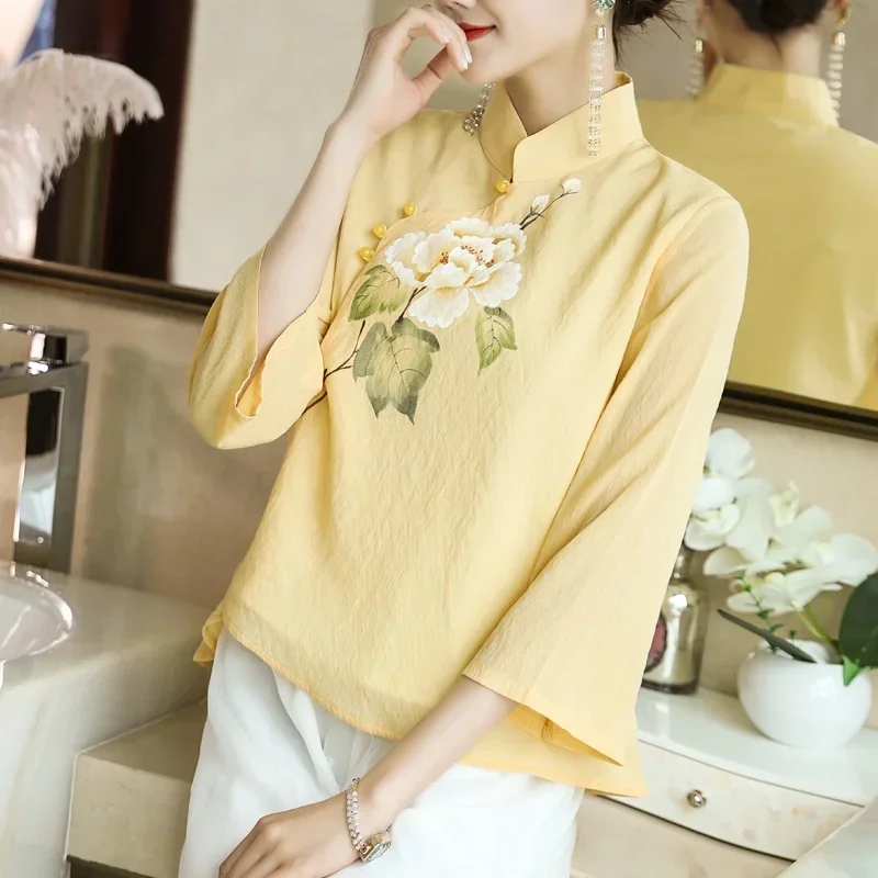 2024 Woman Traditional Chinese Clothing Top Retro Flower Print Hanfu Women Tops Elegant Oriental Tang Suit Blouse 10589 MN3