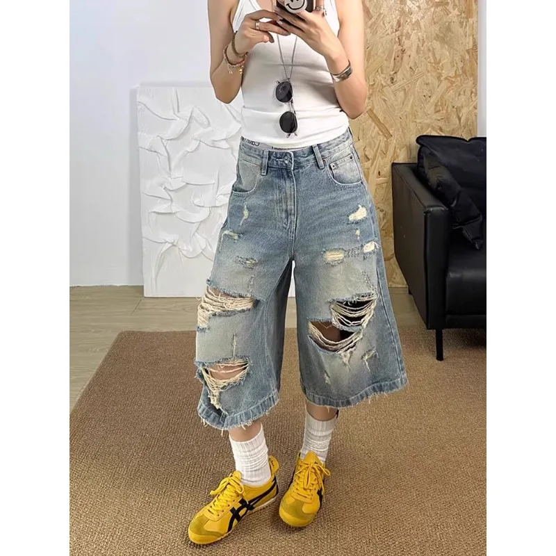

American Retro Loose High Waist Seven-Foot Distred Women's Jeans Sexy Loose BF Lazy Sle Denim Pants Large Size Summer