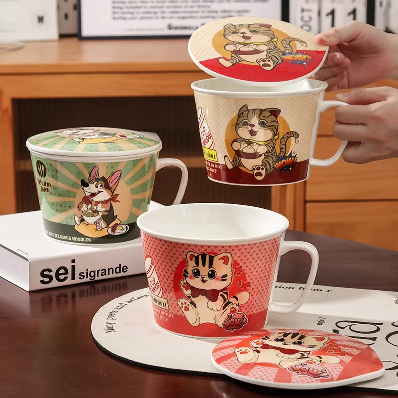 

Ins Cartoon Creative Instant Noodle Ceramic Cup Bowl with Cover Bento Box Student Lunch Box Instant Noodle Bowl Soup Bowl Set