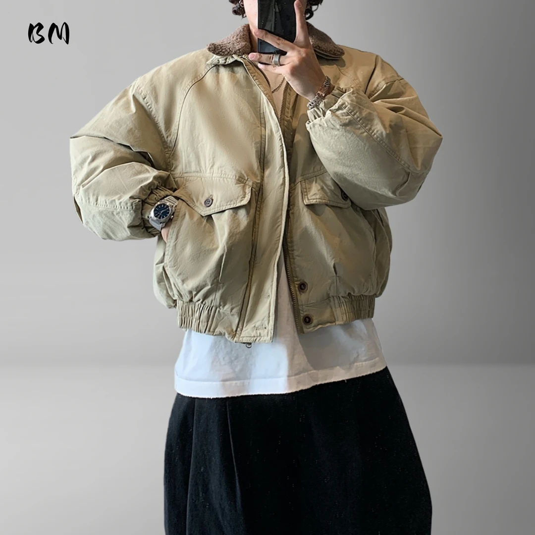 Mens American Vintage Heavyweight Winter Jacket Short Thick Padding Lapel Collar Streetwear Trendy Korean Thermal Warm Coat Male