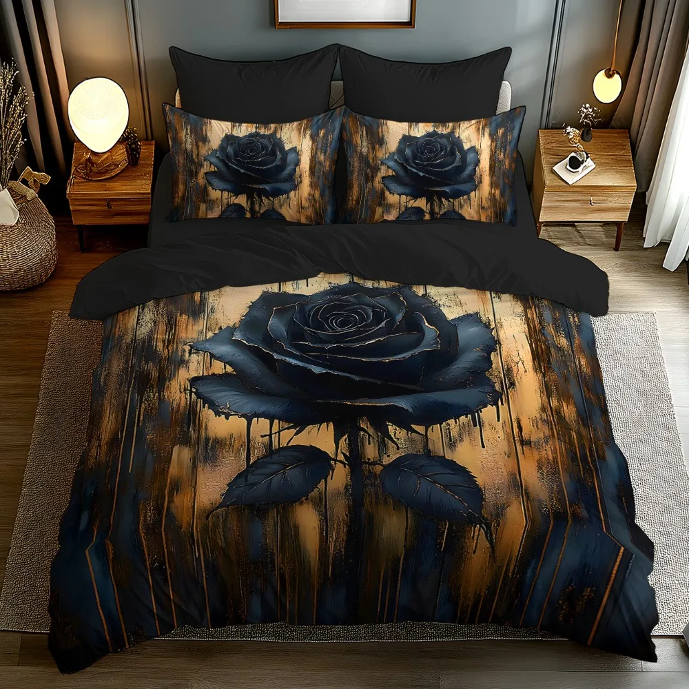 Vintage Luxury Black Rose Floral Print Duvet Cover Set Full Size Polyester Bedding Collection for Spring/Summer