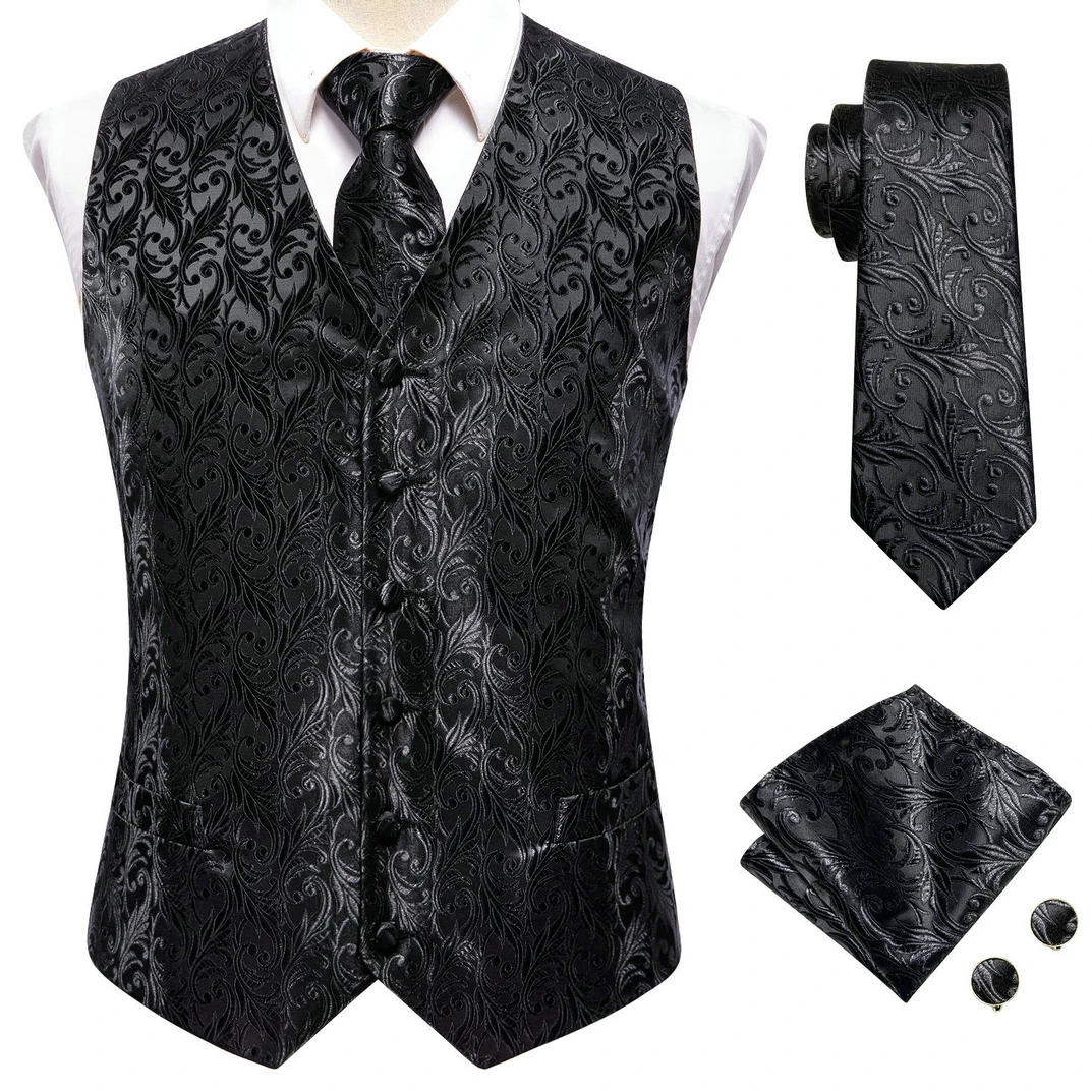 

Men's Black Dress Vest Set with Tie Pocket Square Cufflinks - Jacquard Formal Tuxedo Waistcoat Suit Wedding Business Party