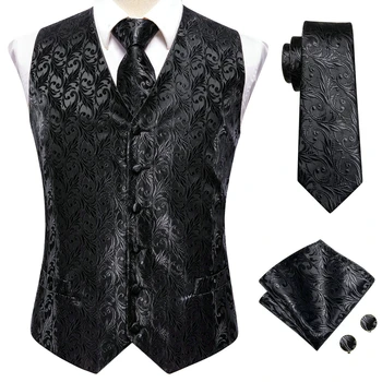 Men's Black Dress Vest Set with Tie Pocket Square Cufflinks - Jacquard Formal Tuxedo Waistcoat Suit Wedding Business Party