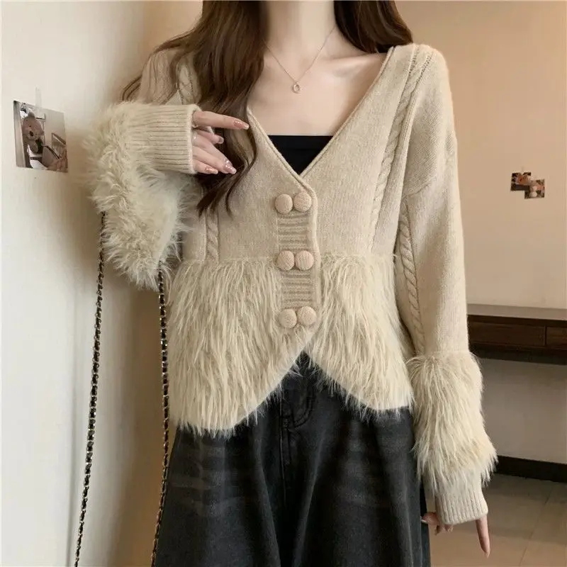 

Fashion Tassel Spliced Sweaters Women's Clothing Knitted V-Neck Double Breasted Autumn Winter Loose Vintage Solid Color Cardigan