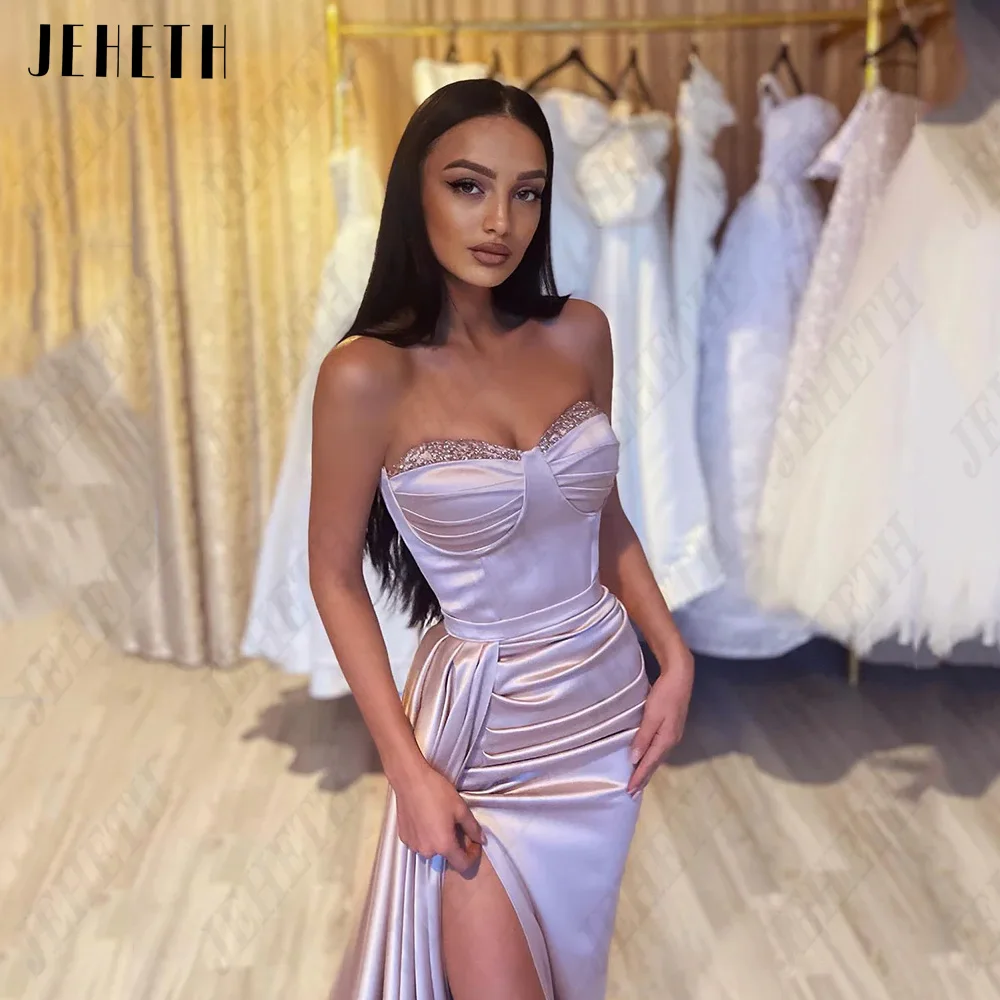 JEHETH Fashion Pink Sleeveless Evening Dresses Sweetheart Satin Mermaid Party Gowns For Womens Side Split vestidos de noche