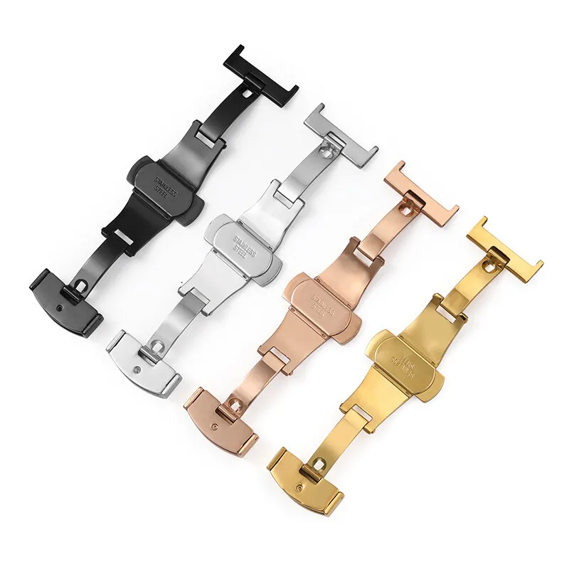 316 الصلبة الفولاذ المقاوم للصدأ مزدوجة دفع زر أضعاف إبزيم ساعة 12 14 16 18 20 22 مللي متر فتحة نمط دائم فراشة نشر المشبك