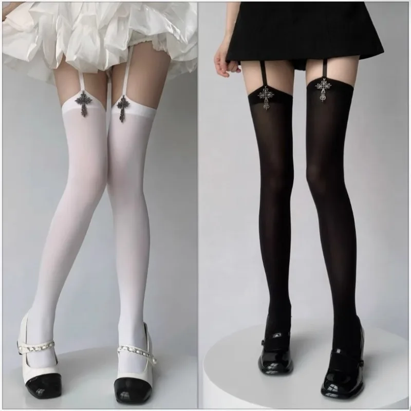 

Lolita Gothic Cross Garter Stockings Velvet One-Piece Thigh High Socks Straps Elegant Black White Solid Color Over Knee Socks