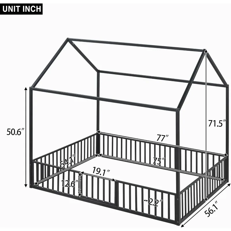 Vollständiges Bodenbett mit Tür und Zaun, Kinderbett mit Dach/Haus-Bodenbett für Mädchen, Jungen, Schwarz