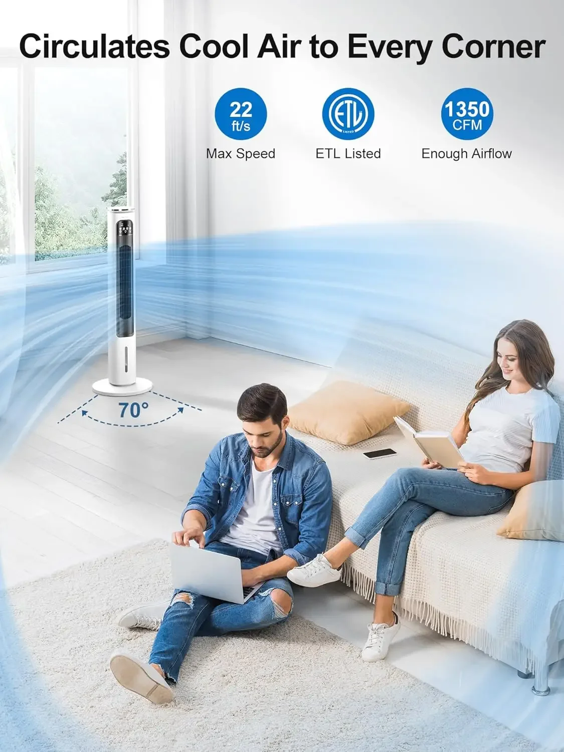 Air Cooler, 37” Portable Air Conditioners, Swamp Cooler,4 Modes, 12H Timer, 70° Oscillating, Removable Water Tank, Ice Packs, Re