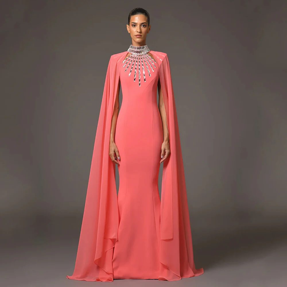Coral Prom Dress for Woman Halter Chiffon Cape Customized Silver Rhinestone Sweep Train Mermaid Evening Gown فساتين سهرات
