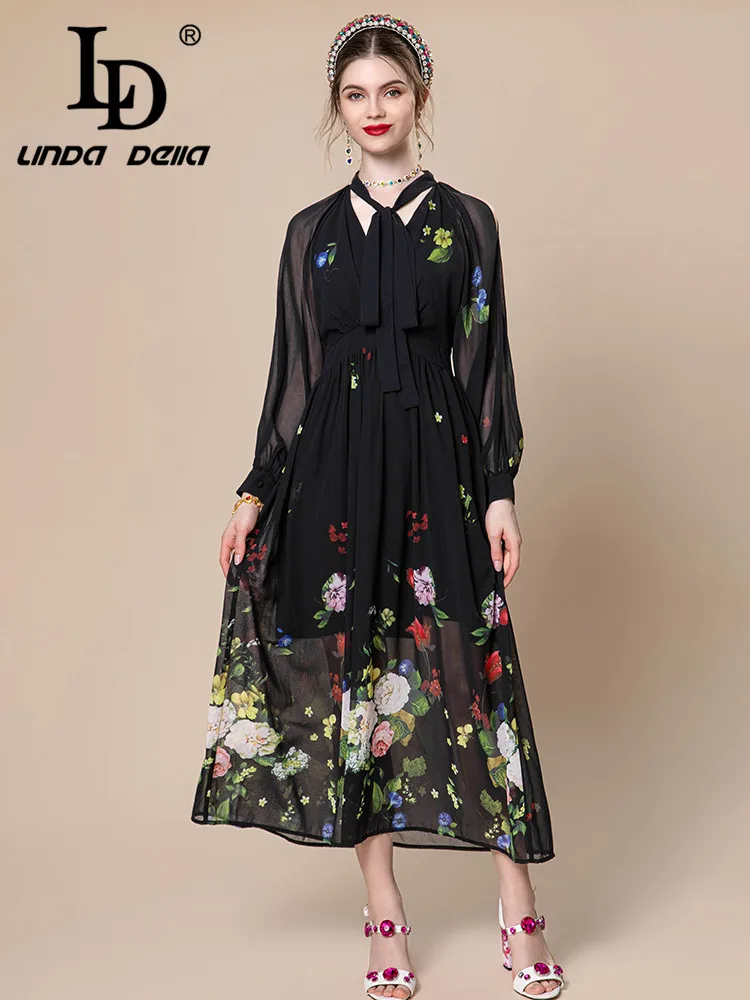 LD LINDA DELLA 2024 Italian Luxury Fashion Dress Women's Black Bow Transparent High waist Print Draped Chiffon Travel Dress