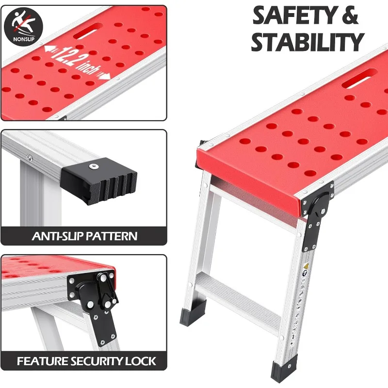 Folding Work Platform, Adjustable Step Ladder with Anti-Slip Feet Cover, Lightweight Stepladder with Safety Lock for Home