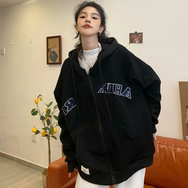 

plus Size Hoodie Cardigan Unisex Spring Autumn Street Style Letter Print Casual Outerwear for Couples Loose Fit All Seasons