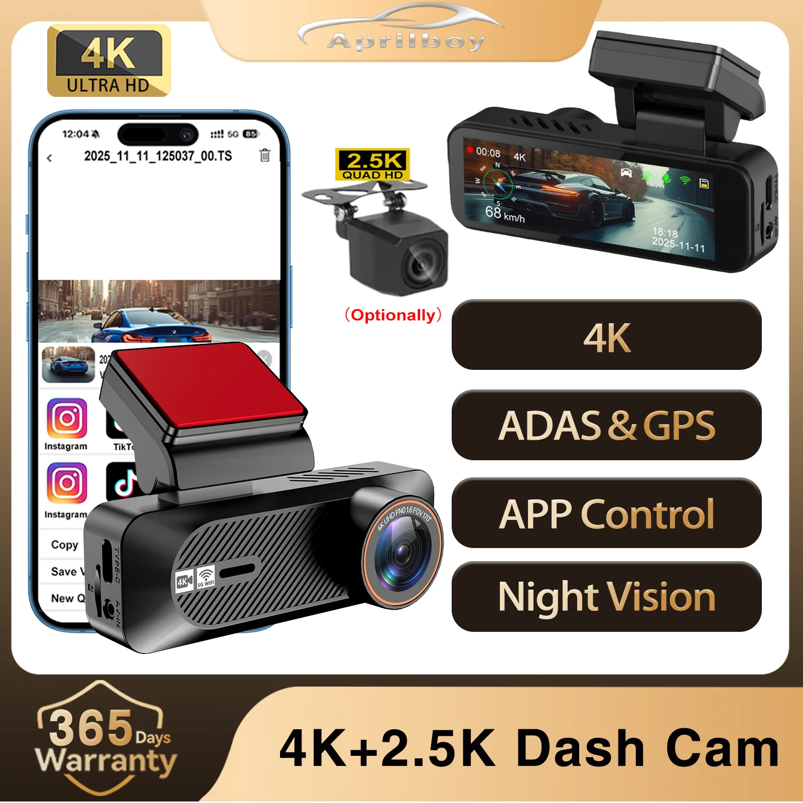 

Видеорегистратор Aprilboy Real 4K с двумя камерами, поддержка камеры заднего вида 4K, функции Wi-Fi, GPS, ADAS и ночного видения