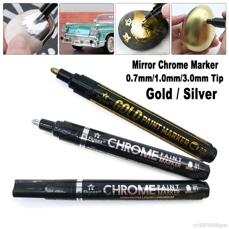 Rotulador de pintura cromado de espejo líquido de alto brillo, 0,7mm, 1,0mm, 3,0mm, punta plateada, Color dorado metálico, bricolaje para arte,