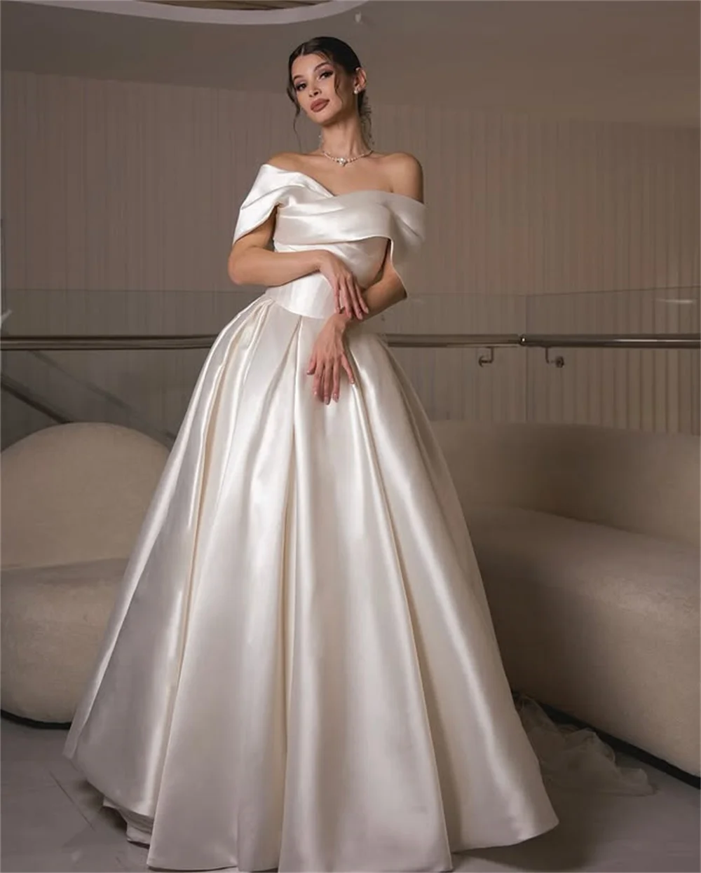 Simple Off The Shoulder Pleat Sweetheart Satin A Line Wedding Dresses Custom Made Vestido De Noival