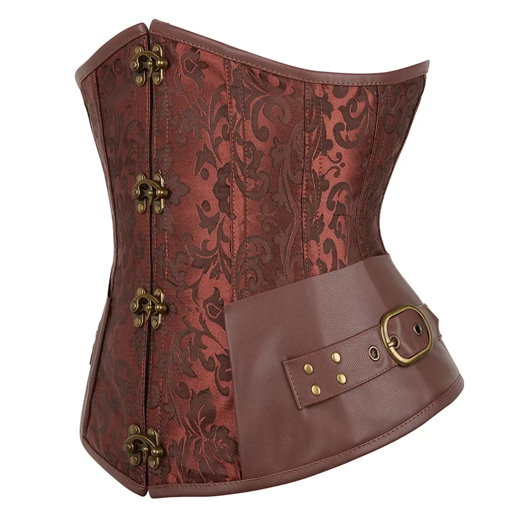 Steampunk Underbust Corset Leather Pirate Bustiers Belt Lace-Up Back Jacquard Corsets Vintage Top for Women Black Brown