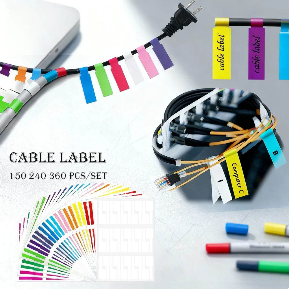 

150/240/360pcs Wire Identification Labels, Colorful Self-Adhesive Waterproof Cable Tags, Tear Resistant for Data Power Cords