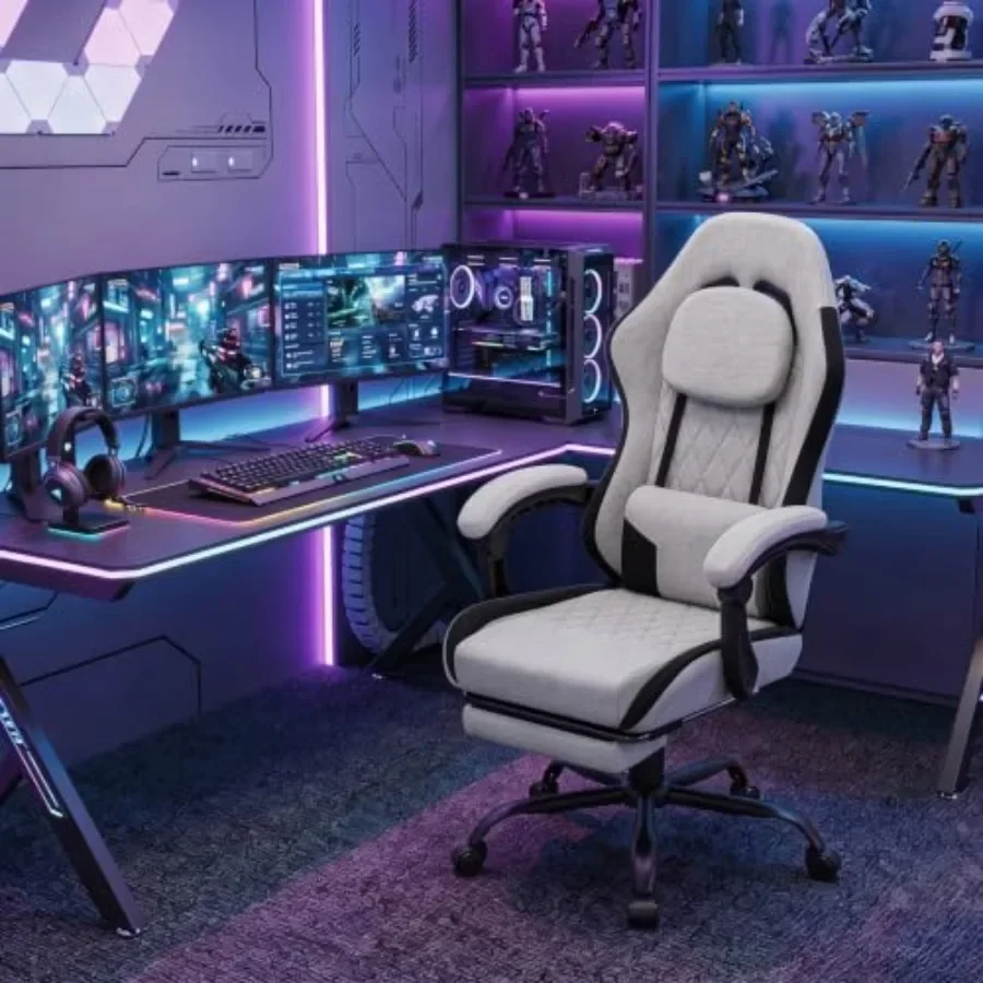Gaming Chair for Adults: Fabric, Grey, with Footrest, Pocket Spring Cushion, Lumbar Support, and Reclining High-Back Ergonomic