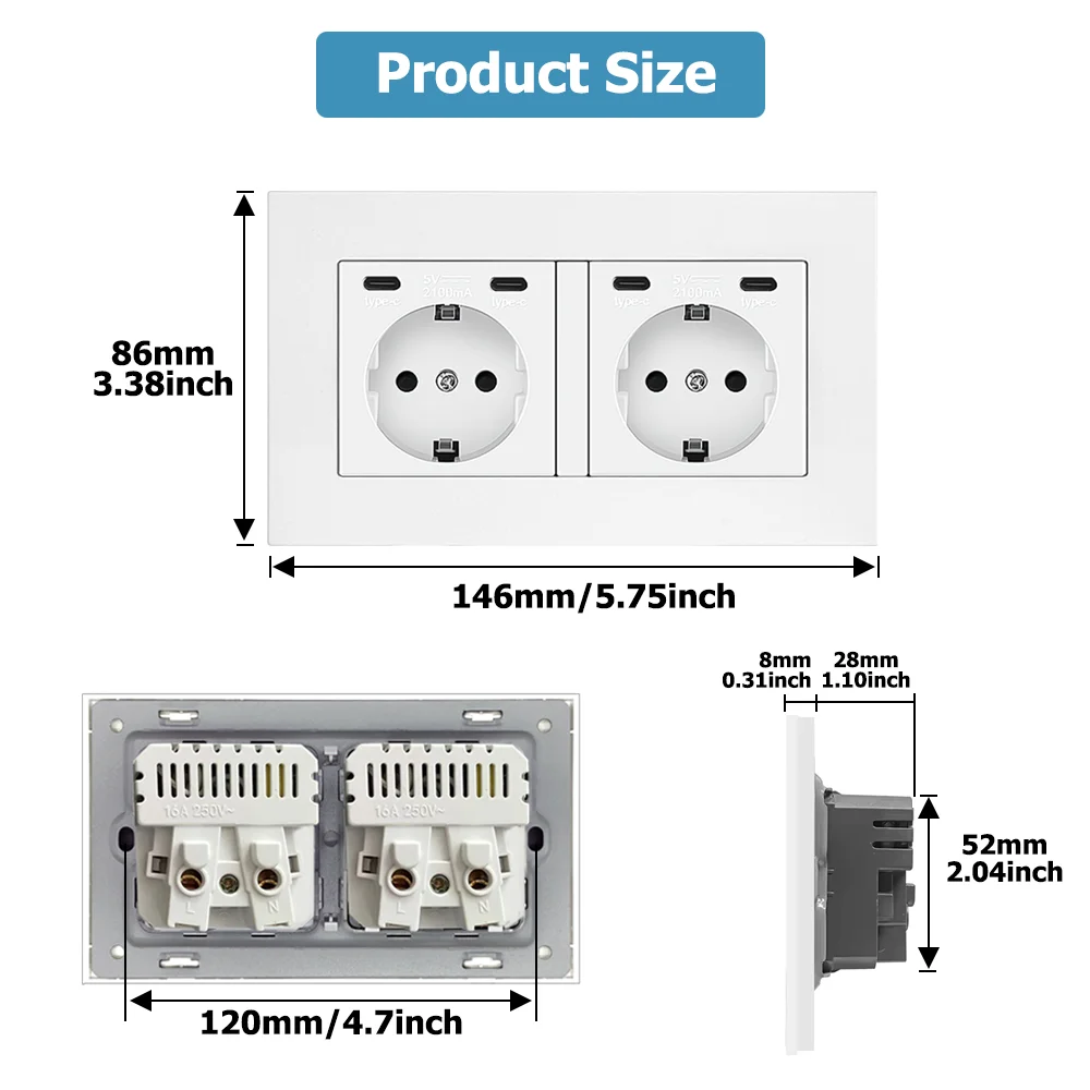 EIOMR EU Standard USB-C Power Double Socket, AC 250V 16A Flush Mount Wall Socket, 5V 2.1A USB-C Port Standard Electrical Outlet view 6