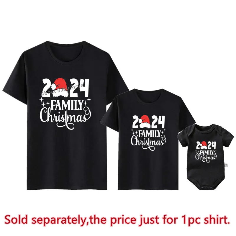 2024 Family Christmas Shirts Cotton Family Matching Outfits Dad Mom Kids Tshirts Baby Rompers Matching Pajamas Xmas Clothes Gift