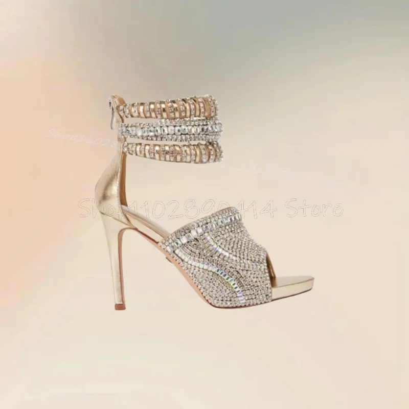 

Gold Silver Crystal Decor Open Toe Sandals Back Zipper Women Shoes Thin High Heels Fashion Party Feast 2025 Zapatos Para Mujere