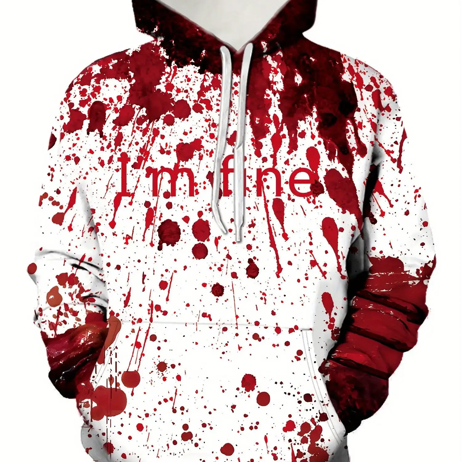Men's Hoodie Thin Halloween Blood Splatter I'm Fine Print Drawstring Long Sleeve Spring Autumn Casual Pullover Mens Clothing