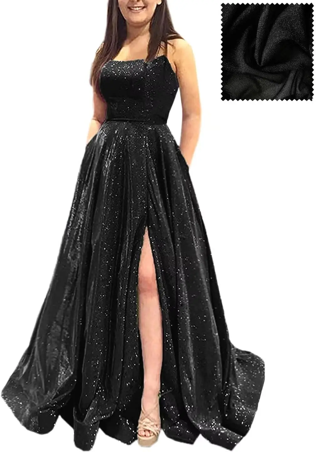 

Spaghetti Strap Prom Long A Line with Pockets Formal Evening Ball Gowns Side Slit Glitter Party Dress Formal Dress Women Elegant