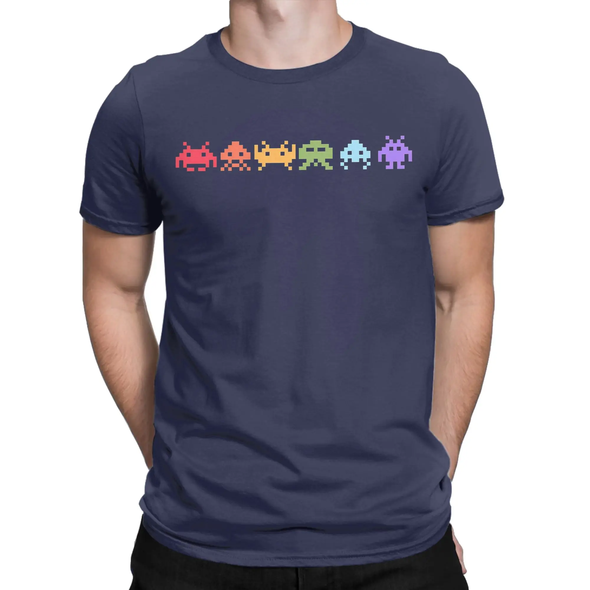Funny Space Invaders Pixel Art Rainbow Aliens T-Shirts for Men Crewneck Cotton T Shirts  Short Sleeve Tee Shirt Plus Size Tops