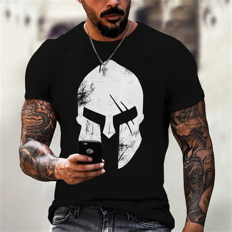 Fashion Spartan Warrior Print T Shirt For Men Hip Hop Trend Harajuku Vintage Clothes Summer Casual O-neck Short Sleeve Loose Top