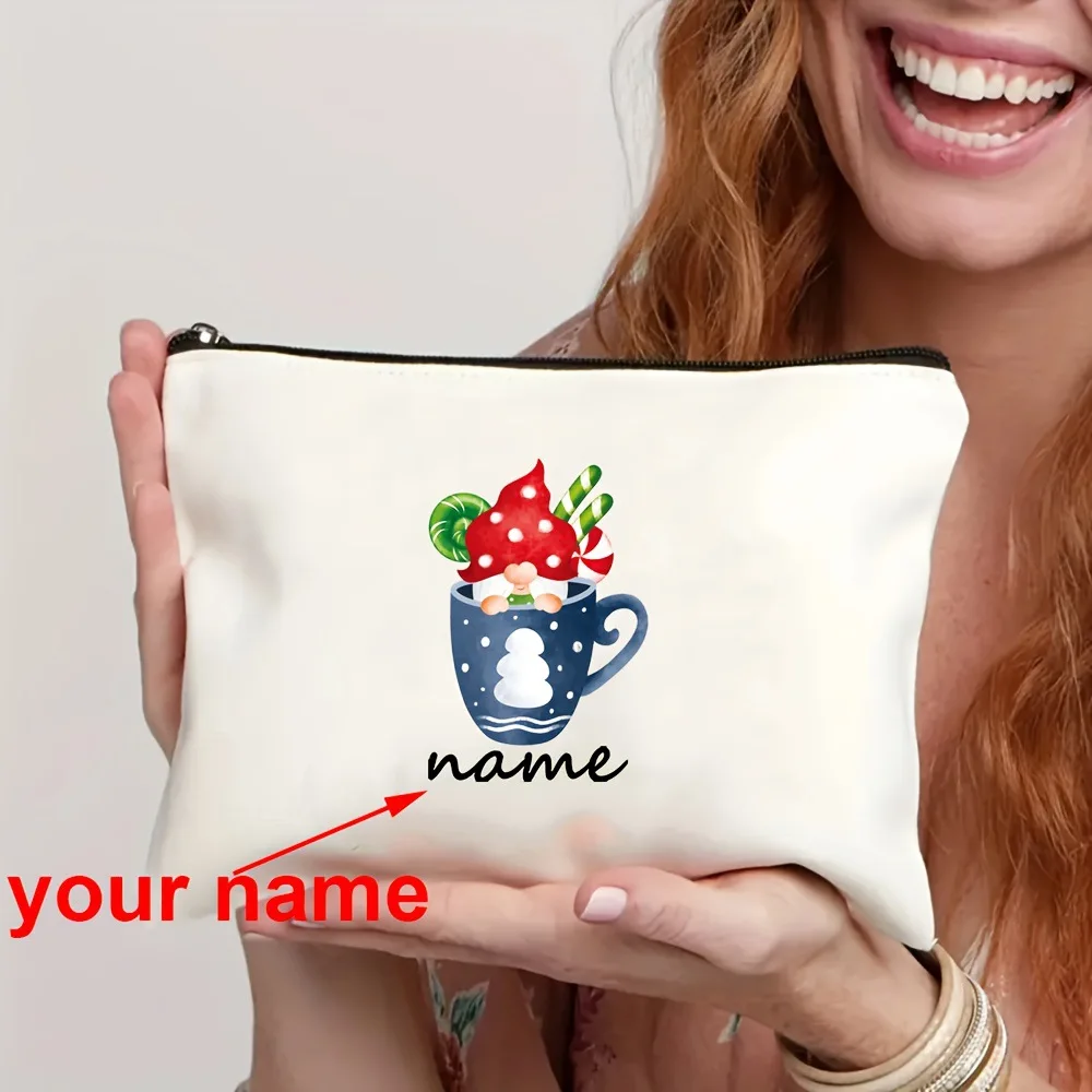 Personalized Christmas Gnome Mug Print Cosmetic Bag Custom Name Zipper Makeup Pouch Travel Toiletry Storage Bag Xmas Gift