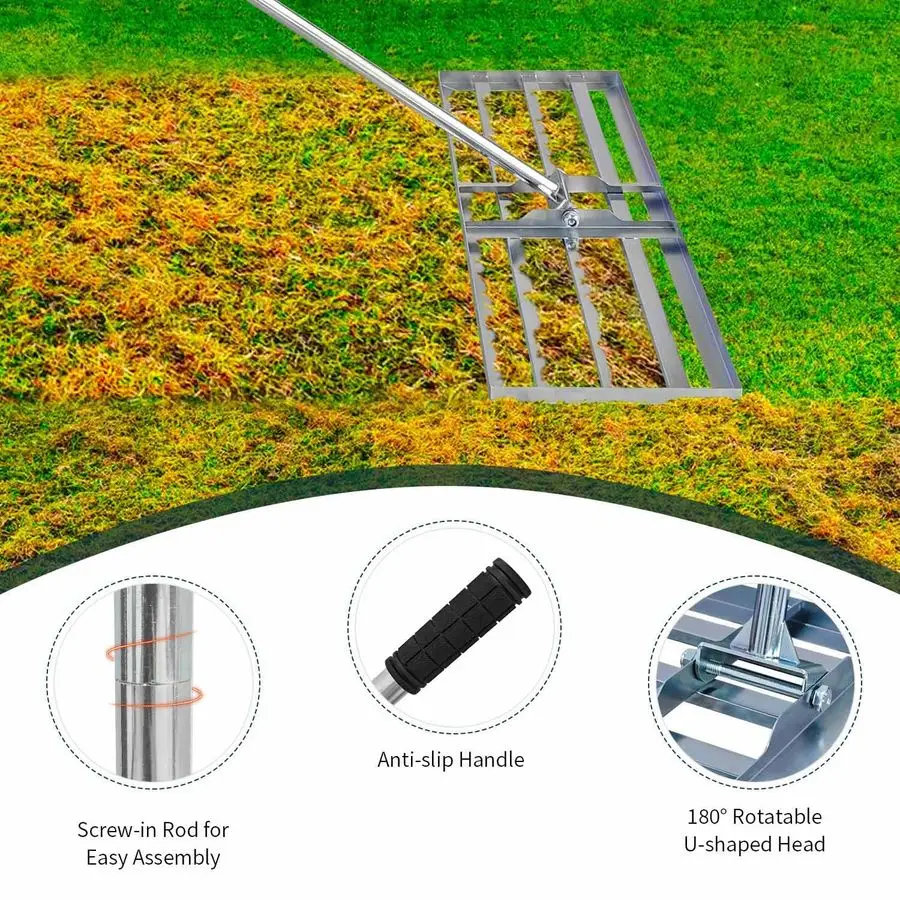 أداة تسوية العشب مقاس 30 × 10 بوصة، أداة تسوية العشب الاحترافية، مقابض للمروج، مشط المناظر الطبيعية شديد التحمل للفناء الخلفي، Ga