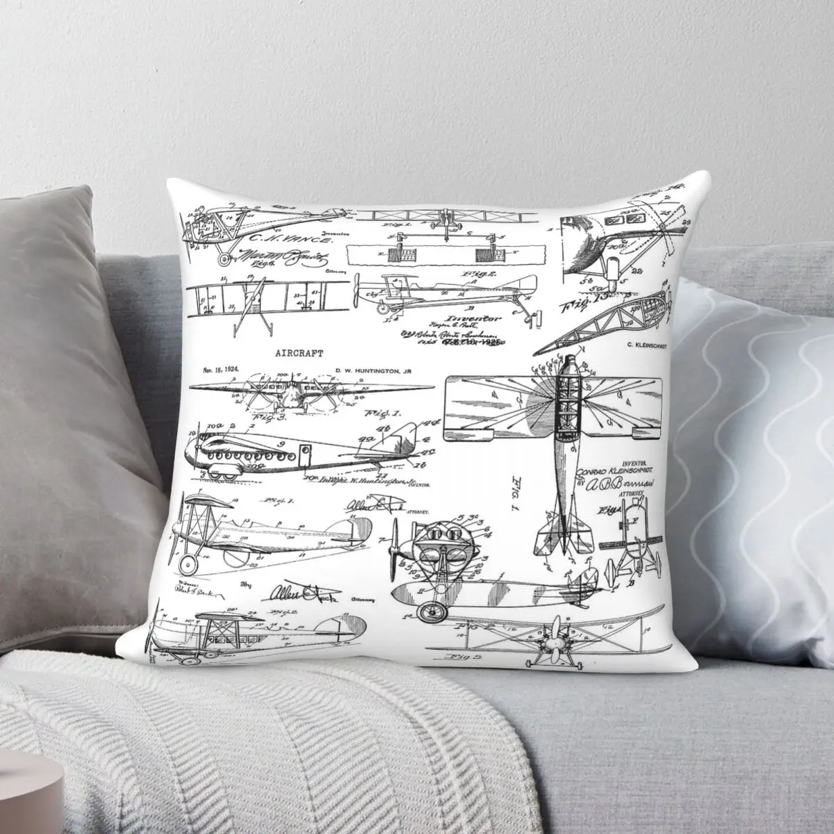 Aviation Biplane Blueprint Square Pillowcase Polyester Linen Velvet Pattern Zip Decorative Sofa Seater Cushion Cover