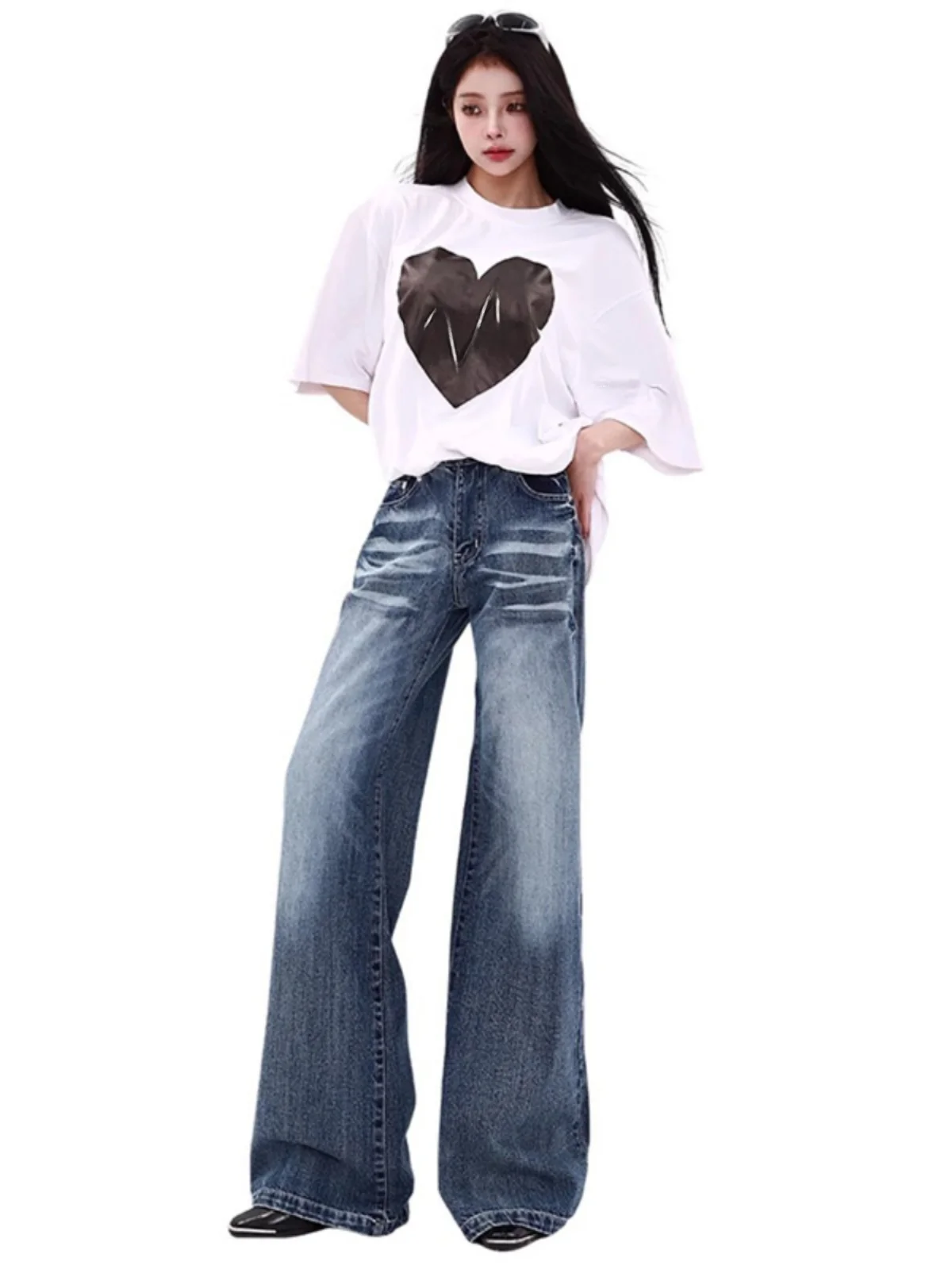 Retro American Washed Wide Leg Jeans Women's Spring Autumn Draped Low Waist Slimming Micro Flared Long Trousers