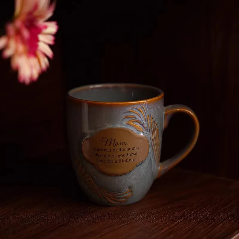 Introduction Mother and Home Blessing Ceramic Retro Relief Mug Feather Pattern Coffee Cup Water Mug Gift