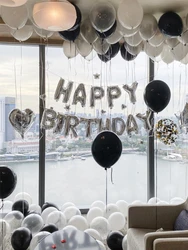 31pcs 16 inch silver happy birthday letter balloons and black silver white latex balloons set, happy birthday balloons party