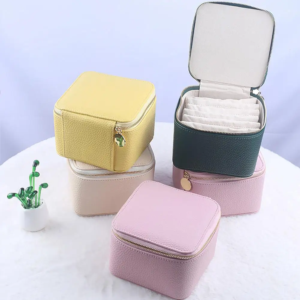 Women Travel Jewelry Box with 6 Velvet Zippered Pockets Earring Necklace Ring Storage Box Genuine Leather Simple Jewelry Case