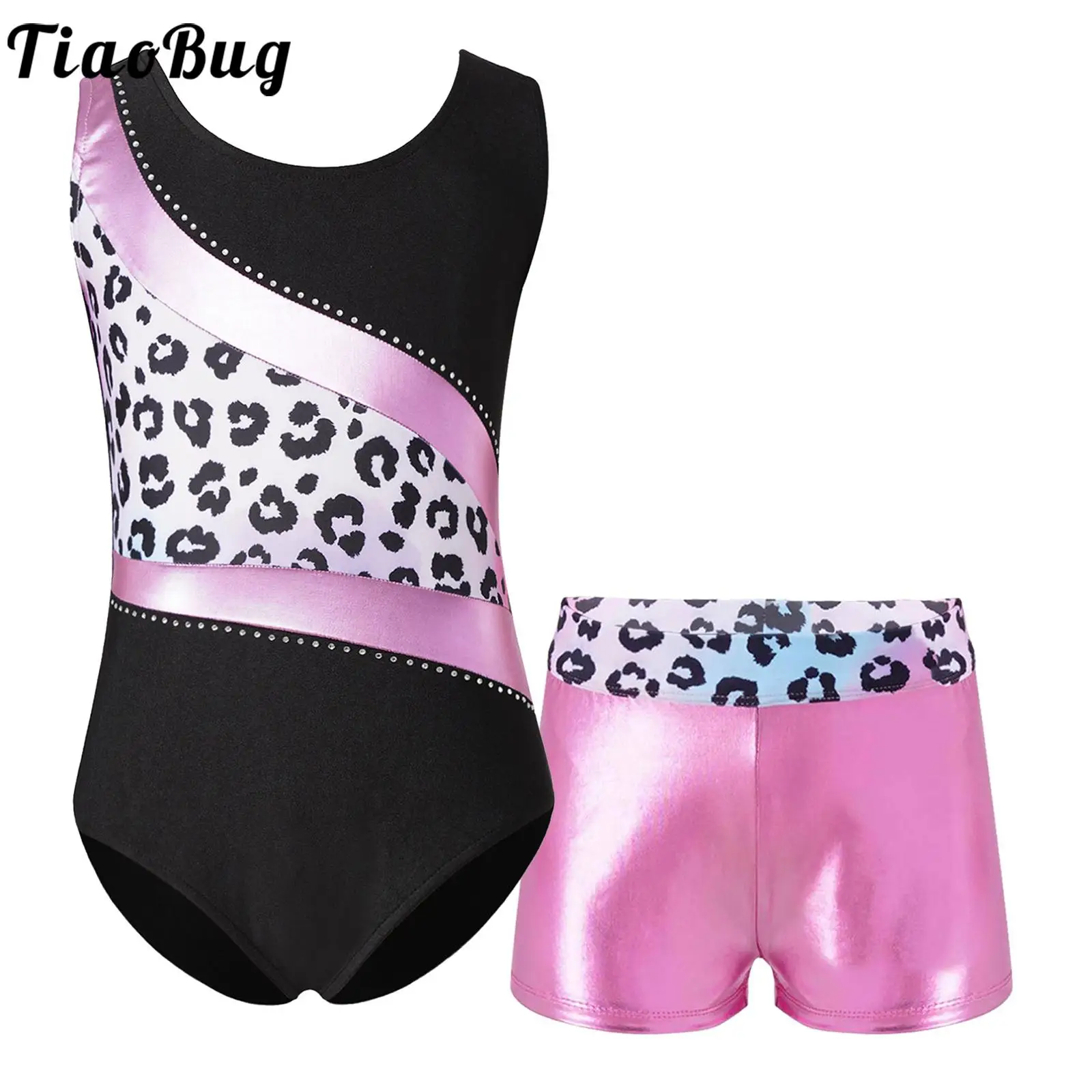 2pcs Summer New Kids Girls Sleeveless Printed Rhinestones Adorned Patchwork Leotard with Metallic Shorts for Dance Gym Sports